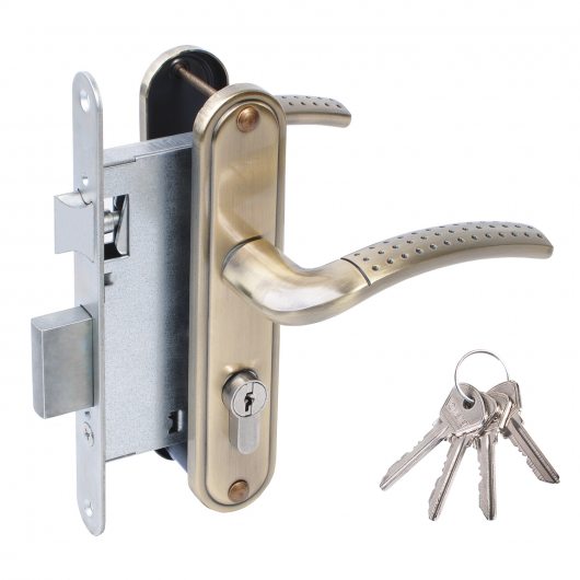 Замок врезной цилиндровый с защёлкой в комплекте с ручкой ЗВ4-55.27 (ант.бронза), 4 кл. — фото 1