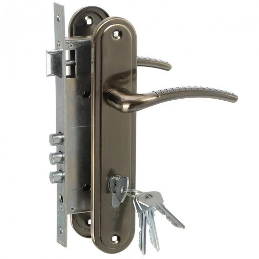 Замок врезной цилиндровый с защёлкой в комплекте с ручкой ЗВ4-85.27 (ант.бронза), 4 кл. — фото 1