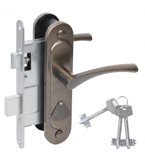 Замок врезной сувальдный с защёлкой в комплекте с ручкой ЗВ9.2-07 (бронза), 3 кл. — фото 1